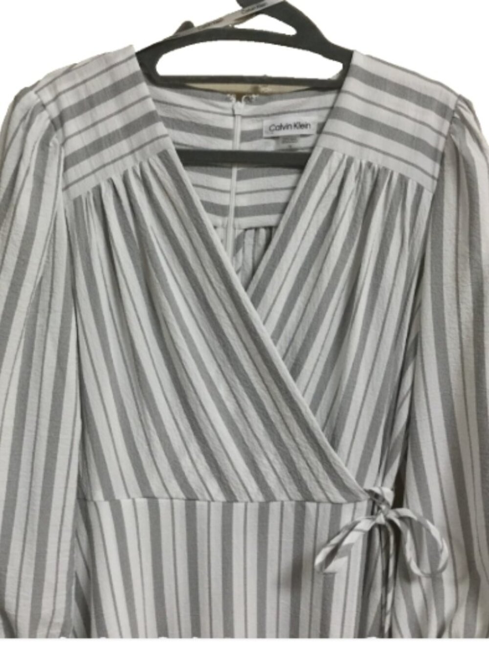 Calvin Klein Women Size 12 Gray White striped Midi Dress Faux Wrap Tie Waist NWT
